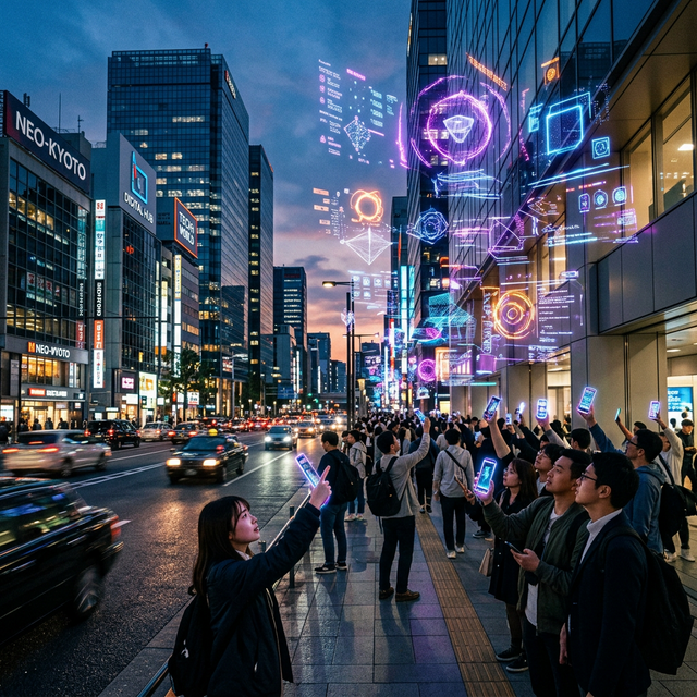 People interacting with glowing AR objects on a city street