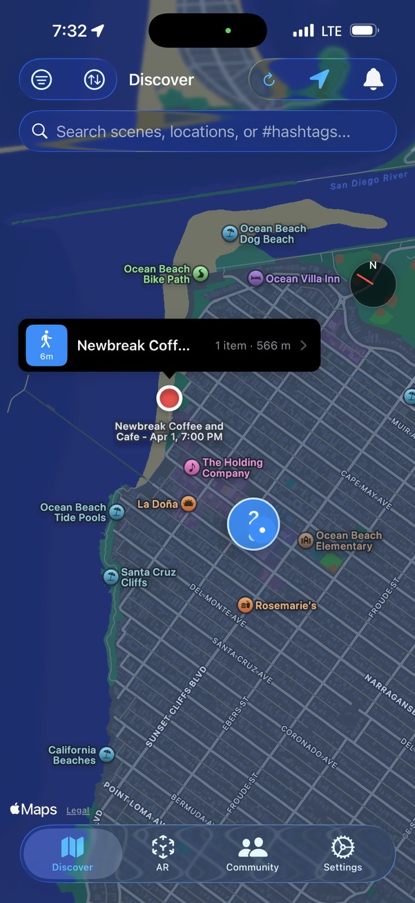 Screenshot of the discovery map showing nearby AR scenes as pins on a dark map